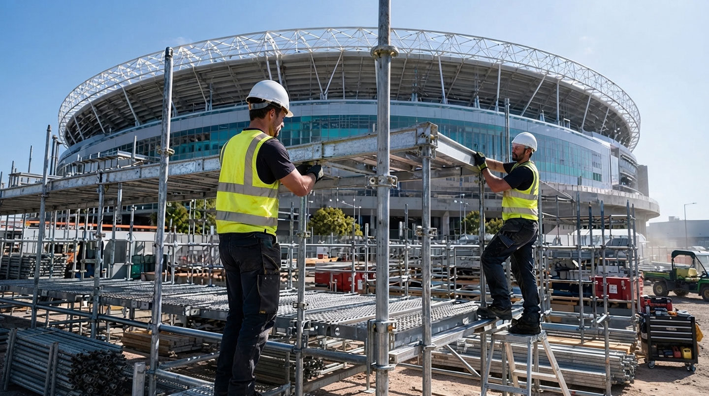 Ouvrier BTP installant un élément de structure métallique sur un chantier de construction moderne en France