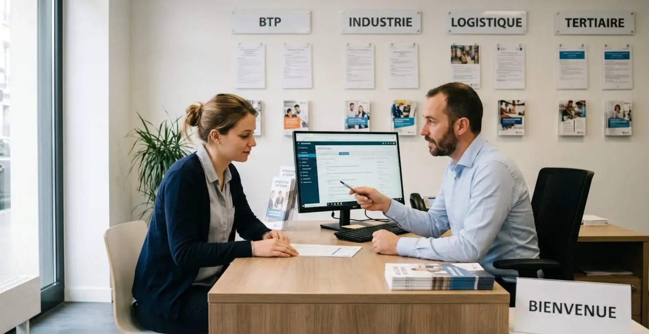 Candidat consultant des offres d'emploi en intérim avec un conseiller dans une agence spécialisée française, affichages sectoriels BTP, Industrie et Logistique visibles au mur