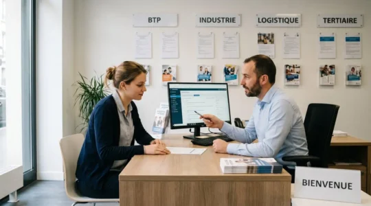 Candidat consultant des offres d'emploi en intérim avec un conseiller dans une agence spécialisée française, affichages sectoriels BTP, Industrie et Logistique visibles au mur