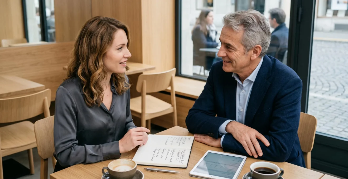 Entretien informel entre une candidate et un responsable dans un café d'affaires à Lausanne, carnet de notes et café sur la table