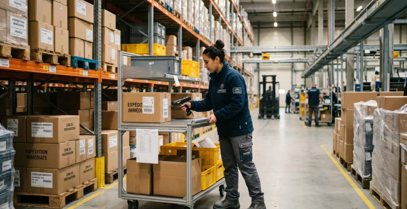 Préparatrice de commandes scannant un colis avec terminal portable dans un entrepôt logistique moderne français