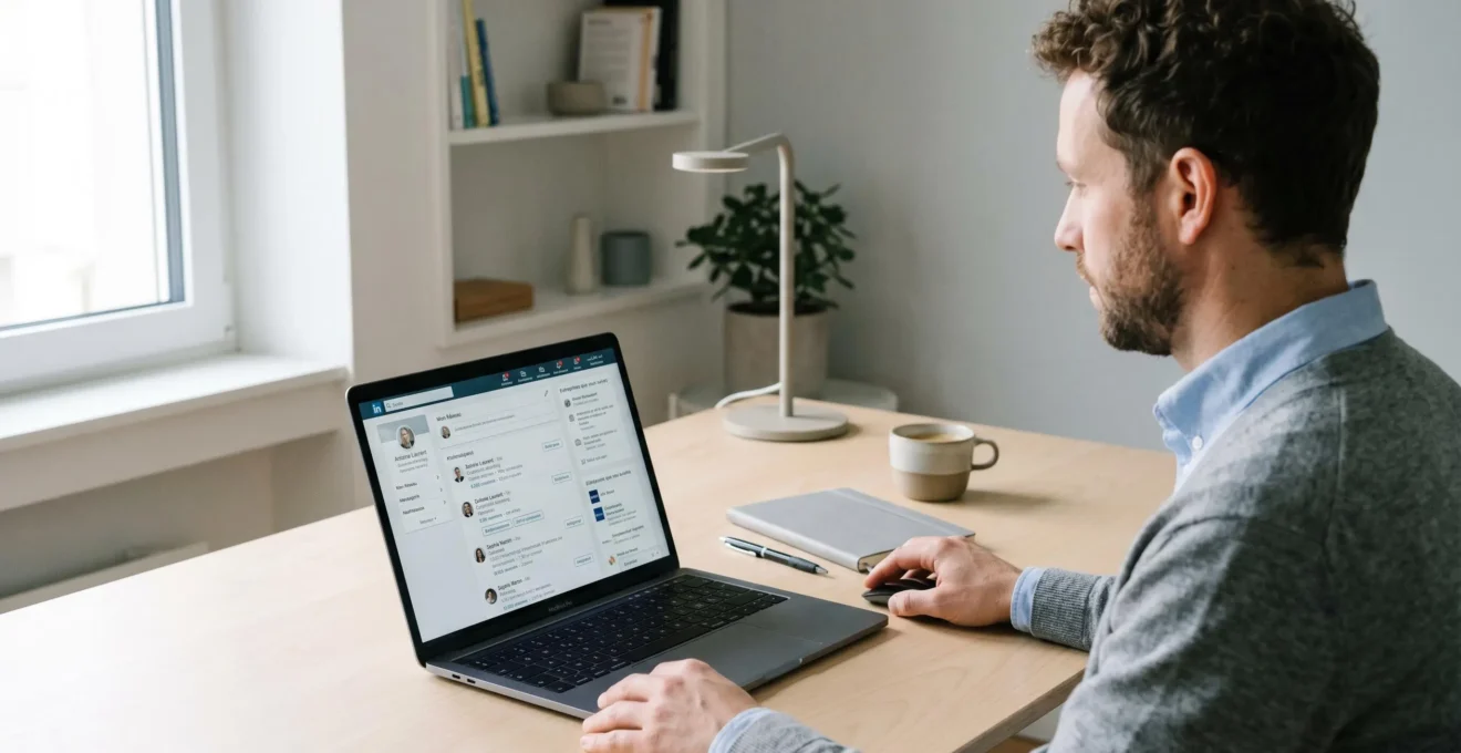 Professionnel consultant son réseau LinkedIn sur ordinateur portable pour identifier des contacts dans une entreprise cible, interface en français visible à l'écran